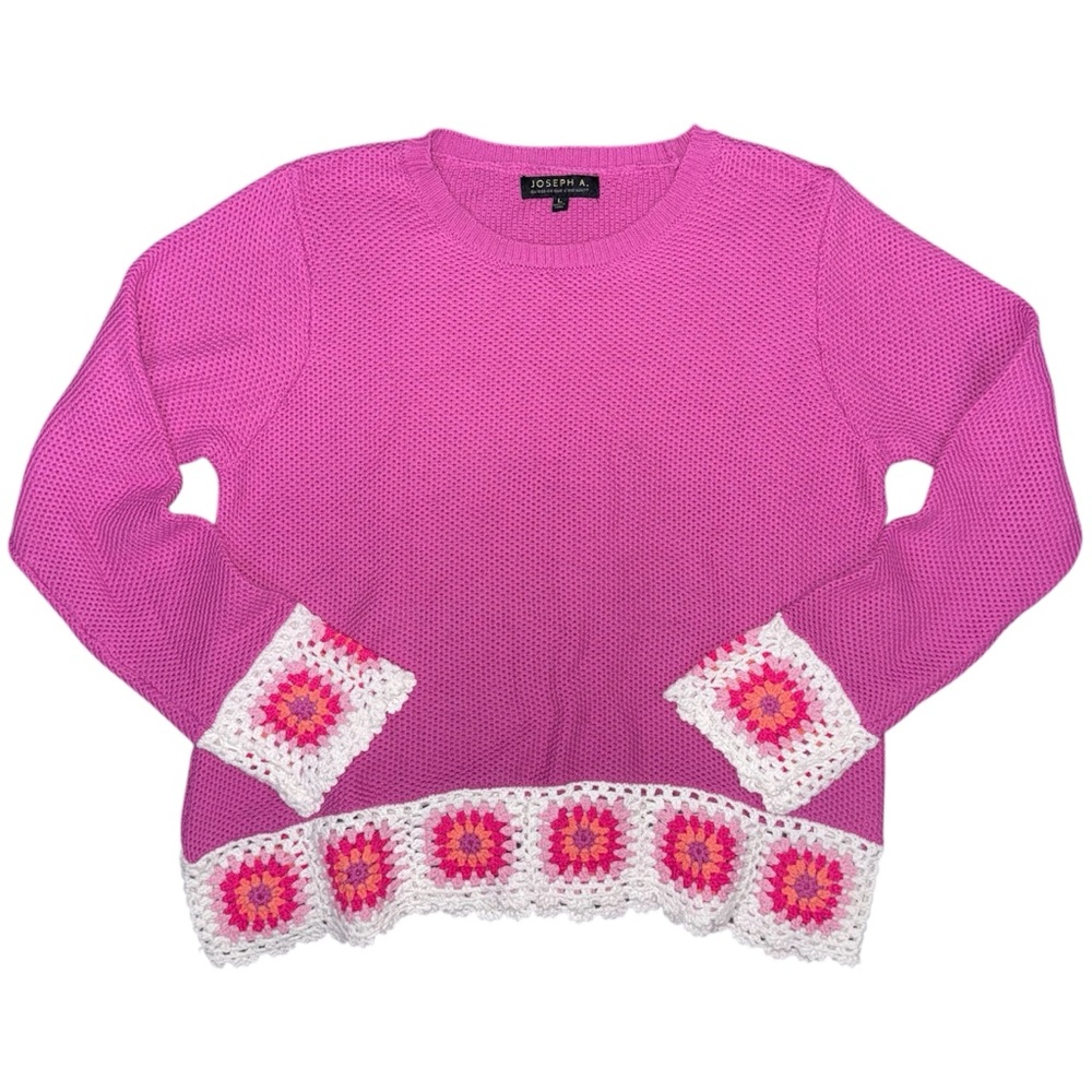 Joseph A Pink Crochet Granny Square Trim Crewneck Knit Sweater Sz L Cotton Boho